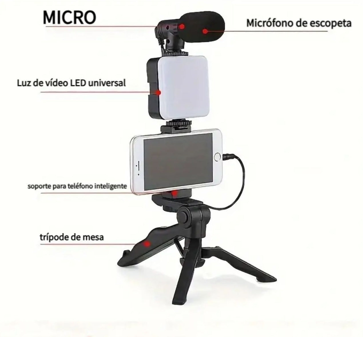 KIT DE GRABACIÓN MÓVIL + MICROFONO LUZ LED